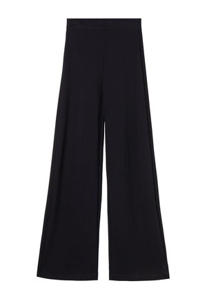 Pantalones negros de pierna ancha con cintura alta y sin bolsillos ni adornos visibles, extendidos sobre un fondo blanco.