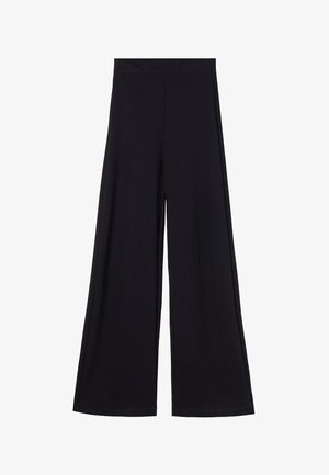 Černé kalhoty s širokými nohavicemi a vysokým pasem bez viditelných kapes nebo ozdob, položené na bílém pozadí.