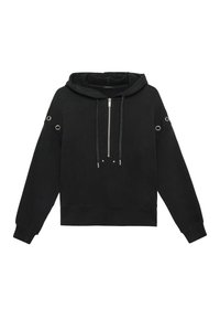 Felpa nera con cappuccio, zip frontale, occhietti decorativi sulle spalle e design cropped. Texture morbida e maniche lunghe.