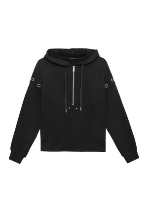 Zwarte hooded sweatshirt met een rits aan de voorkant, decoratieve oogjes op de schouders en een cropped ontwerp. Zachte textuur en lange mouwen.