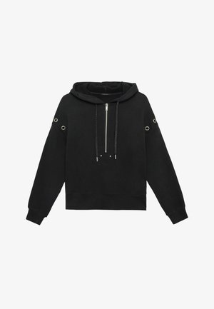 Zwarte hooded sweatshirt met een rits aan de voorkant, decoratieve oogjes op de schouders en een cropped ontwerp. Zachte textuur en lange mouwen.
