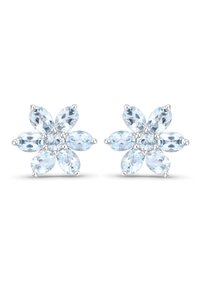 Silver flower-shaped earrings featuring light blue, marquise-cut gemstones arranged in a petal design with polished finish.
