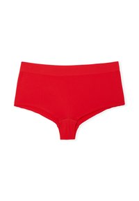 Slip hipster in cotone rosso con fascia in vita liscia, caratterizzati da un colore uniforme e un delicato motivo testurizzato sul corpo.
