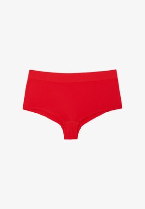 Slip hipster in cotone rosso con fascia in vita liscia, caratterizzati da un colore uniforme e un delicato motivo testurizzato sul corpo.