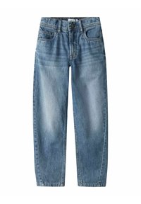 Jean en denim bleu clair avec une coupe droite. Comprend cinq poches, une fermeture à bouton et un léger délavage pour ajouter de la texture.