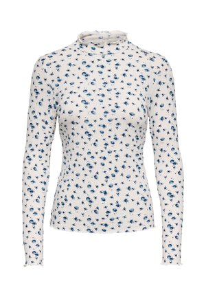 Hvid ribbet langærmet top med små blå blomsterprint, mock neck og salatkant ved ærmer og kant.