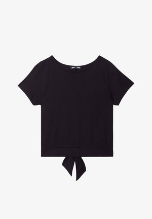 T-shirt noir à manches courtes en tissu doux, avec un large col et un détail de nœud à l'ourlet. Conception et silhouette simples.
