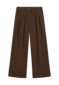Pantaloni marroni a gamba larga con pieghe frontali, chiusura con bottone e cerniera nascosta su sfondo bianco.