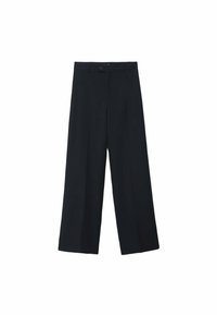 Pantalons larges noirs en tissu lisse, avec des plis à l'avant, une fermeture à bouton et une coupe ajustée pour un fit décontracté.