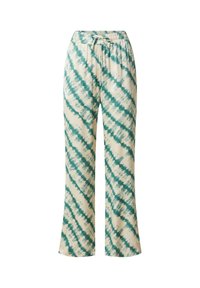 Bequeme Hose in Beige mit türkisfarbenem Batikmuster. Elastischer Bund mit Kordelzug, weite Beine und weiches Baumwollmaterial.