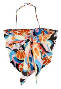 Bolsa de mano colorida y con patrones, con un borde volado, correas ajustables y un lazo en la parte frontal, que presenta diseños florales abstractos.
