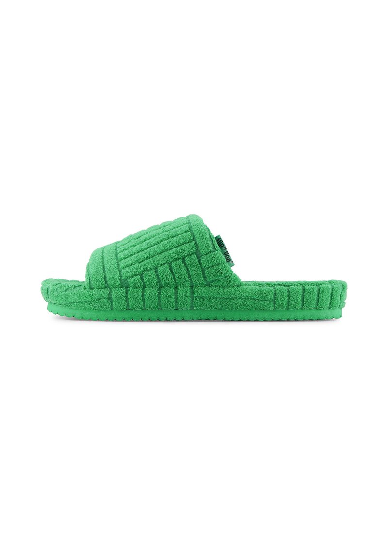 Green, plush slippers featuring a textured upper with vertical ridges, a flat sole, and a rounded design for comfort.
