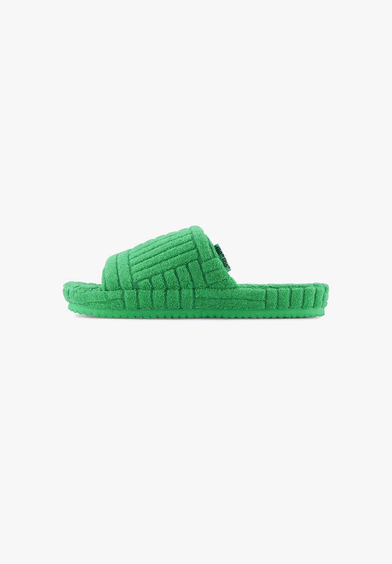 Green, plush slippers featuring a textured upper with vertical ridges, a flat sole, and a rounded design for comfort.