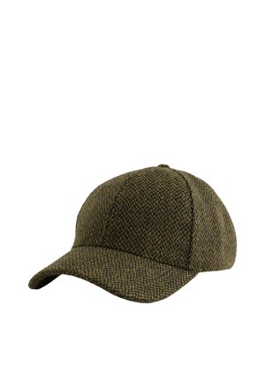 Casquette de baseball avec une visière incurvée en tissu à motif pied-de-poule vert et marron, présentée sur fond blanc.