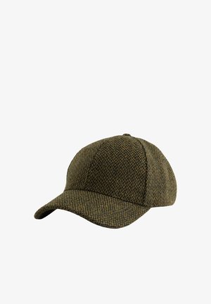 Cappellino da baseball con visiera curva in tessuto fantasia pied de poule verde e marrone, mostrato su sfondo bianco.