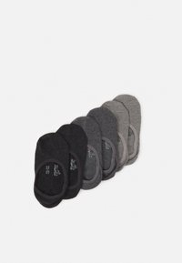 Set aus sechs Paar unsichtbaren Socken in verschiedenen Schattierungen von Schwarz und Grau, aus einem weichen, leichten Material mit elastischen Öffnungen.