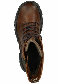 Stivaletto in pelle marrone con lacci e zip laterale, superiore tessurizzato, suola in gomma, collare imbottito e cuciture dettagliate lungo i bordi.