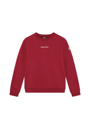 Röd sweatshirt med lång ärm och rund hals med vit "INDN BLUE JEANS" text centrerad på bröstet, mudd i ärmslut och fåll.