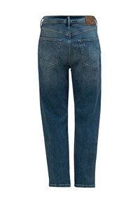Dżinsy w ciemnoniebieskim kolorze o prostym kroju, z dwoma tylnymi kieszeniami i skórzaną naszywką na pasie w celu oznaczenia marki.