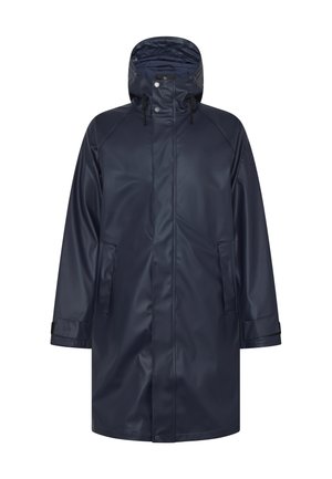 Marineblå vandtæt regnjakke med lynlås, hætte og to sidelommer. Har en glat tekstur og justerbare manchetter med trykknapper.