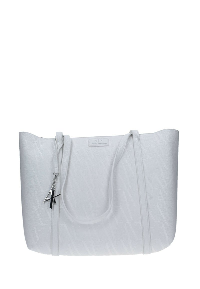 Borsa tote bianca con motivo geometrico testurizzato, doppie tracolle e un ciondolo in metallo argentato con logo.