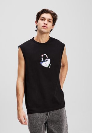Black sleeveless cotton t-shirt featuring a colorful heart-shaped padlock graphic on the chest. Smooth texture, casual fit.