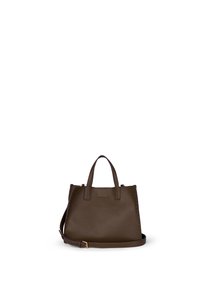 Brązowa skórzana torebka o teksturowanym wykończeniu, z dwoma uchwytami u góry, regulowanym paskiem na ramię oraz kwadratowym kształtem. Zszywane detale po bokach.