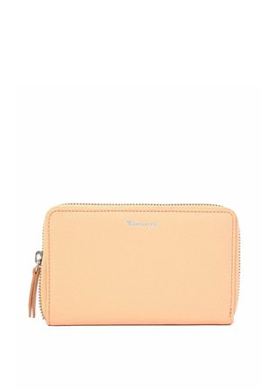 Peach-colored wallet made from textured leather with a zip closure. Features silver brand logo and a zipper pull accent on the side.