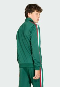 Zelená tepláková bunda s vysokým límcem, bočními pruhy v červené, bílé a zelené barvě. Hladká textura, přiléhavý design a žebrované manžety na spodním lemu.