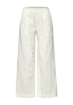 Pantalon blanc à jambes larges avec taille élastique et motifs texturés discrets, avec deux poches plaquées à l'avant.