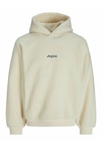 Cremefarvet fleecepullover-hoodie med struktureret stof, frontlomme, ribbede mansjetter og et sort logo på venstre bryst.
