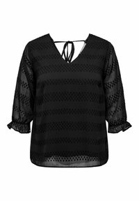 Blusa nera realizzata in tessuto trasparente con scollatura a V, dettaglio a fiocco sul retro e maniche a sbuffo con polsini arricciati, caratterizzata da motivi a pois orizzontali.