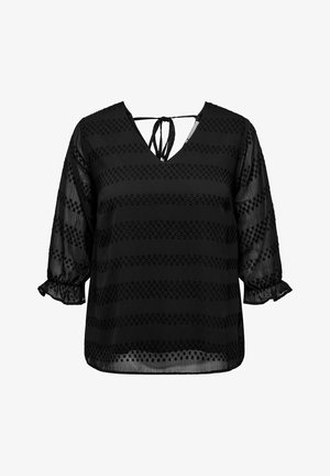 Must mustra mustrist, V-kaelusega, seljal nööpe sidumise detailiga ning voolava varrukaga, millel on rippuvaid manuseid ning horisontaalseid täppmustreid.