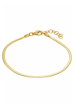 Goldfarbener Kettenarmreif mit einem glatten, flachen Design, ausgestattet mit einem Karabinerverschluss und einer mehrgliedrigen Verlängerung zur Anpassung.