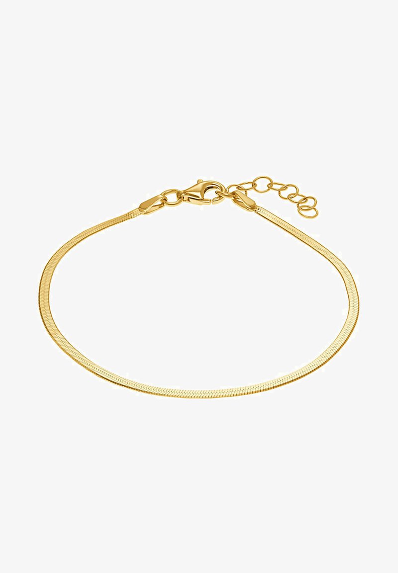 Bracciale a catena color oro, con un design liscio e piatto, dotato di chiusura a gancio e un'estensione a più maglie per la regolazione.