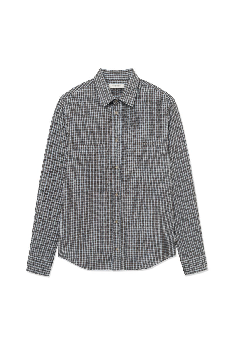 Long-sleeve button-up shirt with a gray and blue checkered pattern, pointed collar, and buttons down the front.