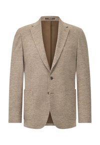 Beige houndstooth-blazer gjord av strukturerad tyg, med tvåknappslås, notchade slag och två framfickor. Brun inre foder.