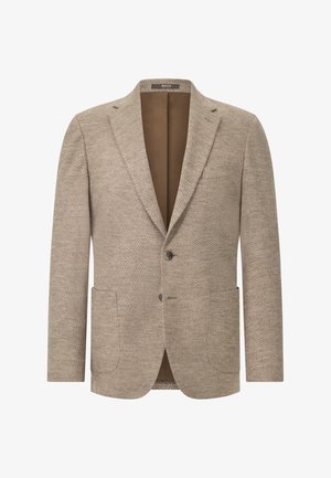 Hnědý houndstooth blazer vyrobený z texturované látky, s náprsními klopami, dvouřadým zapínáním na knoflíky a dvěma předními kapsami. Hnědá podšívka.