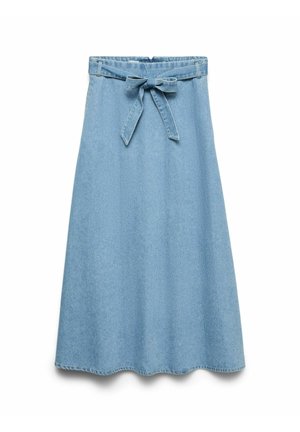 Svetlo modra denim krilo v obliki črke A z pasnim trakom, ki je zavezano v pentljo, z zankami za pas in zadnjim zadrgo.