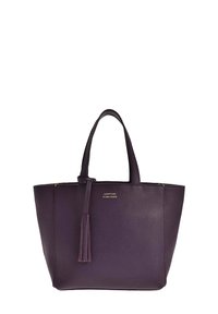 Sac fourre-tout en cuir violet avec deux poignées et un détail en frange. Texture lisse, design à ouverture supérieure et logo subtil à l'avant.
