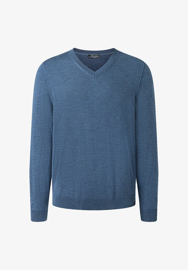 Svetr s výstřihem do V a dlouhými rukávy v melírované modré pletenině, s žebrovanými manžetami a lemem. Jednoduchý, klasický design s jemnou texturou.