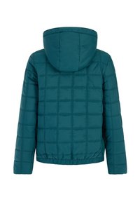 Teal gewatteerde jas met capuchon, vierkant quiltpatroon, lange mouwen en elastische zoom, weergegeven vanaf de achterkant op een witte achtergrond.