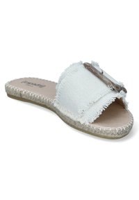 White fabric slide sandal with frayed edges, braided jute sole, and clear acrylic accent. Smooth inner sole with a flat design.