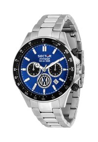 Orologio cronografo in acciaio inox argento con quadrante blu, lunetta nera e tre sotto-quadranti. Presenta lancette luminescenti e una finestra per la data.