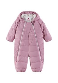 Combinaison de neige bébé rose matelassée avec capuche et deux fermetures éclair frontales, conçue pour temps froid.