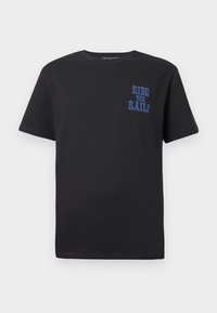 Black cotton t-shirt with short sleeves featuring blue text "RIDE THE RAILS" on the left chest area. Round neck and standard fit.