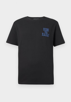 Black cotton t-shirt with short sleeves featuring blue text "RIDE THE RAILS" on the left chest area. Round neck and standard fit.