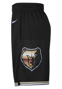 Shorts de basketball noirs en tissu mesh, avec un grand logo d'ours en nuances de brun et noir, agrémenté d'accents dorés et blancs à l'ourlet.