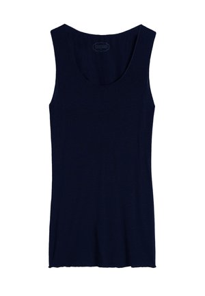 Marinblå ärmlös tanktopp i mjukt tyg. Har en rund halsringning och en avslappnad passform, med en rak nertill.