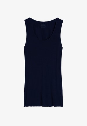 Débardeur sans manches bleu marine en tissu doux. Il possède un col rond et une coupe décontractée, avec un ourlet droit en bas.